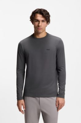 Long-sleeved T-shirt in stretch cotton with contrast logo, Dark Grey