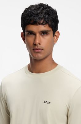 Stretch-cotton T-shirt with contrast logo, Light Beige