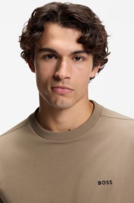 Long-sleeved T-shirt in stretch cotton with contrast logo, Light Brown