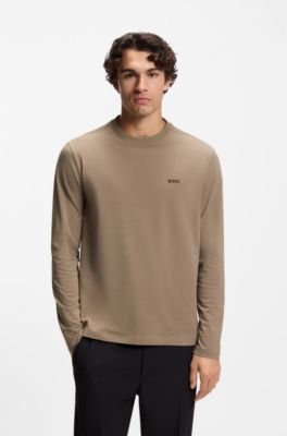 Stretch-cotton T-shirt with contrast logo, Light Brown