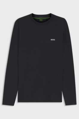 Long-sleeved stretch-cotton T-shirt with logo, Dark Blue