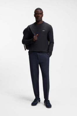 Long-sleeved T-shirt in stretch cotton with contrast logo, Dark Blue