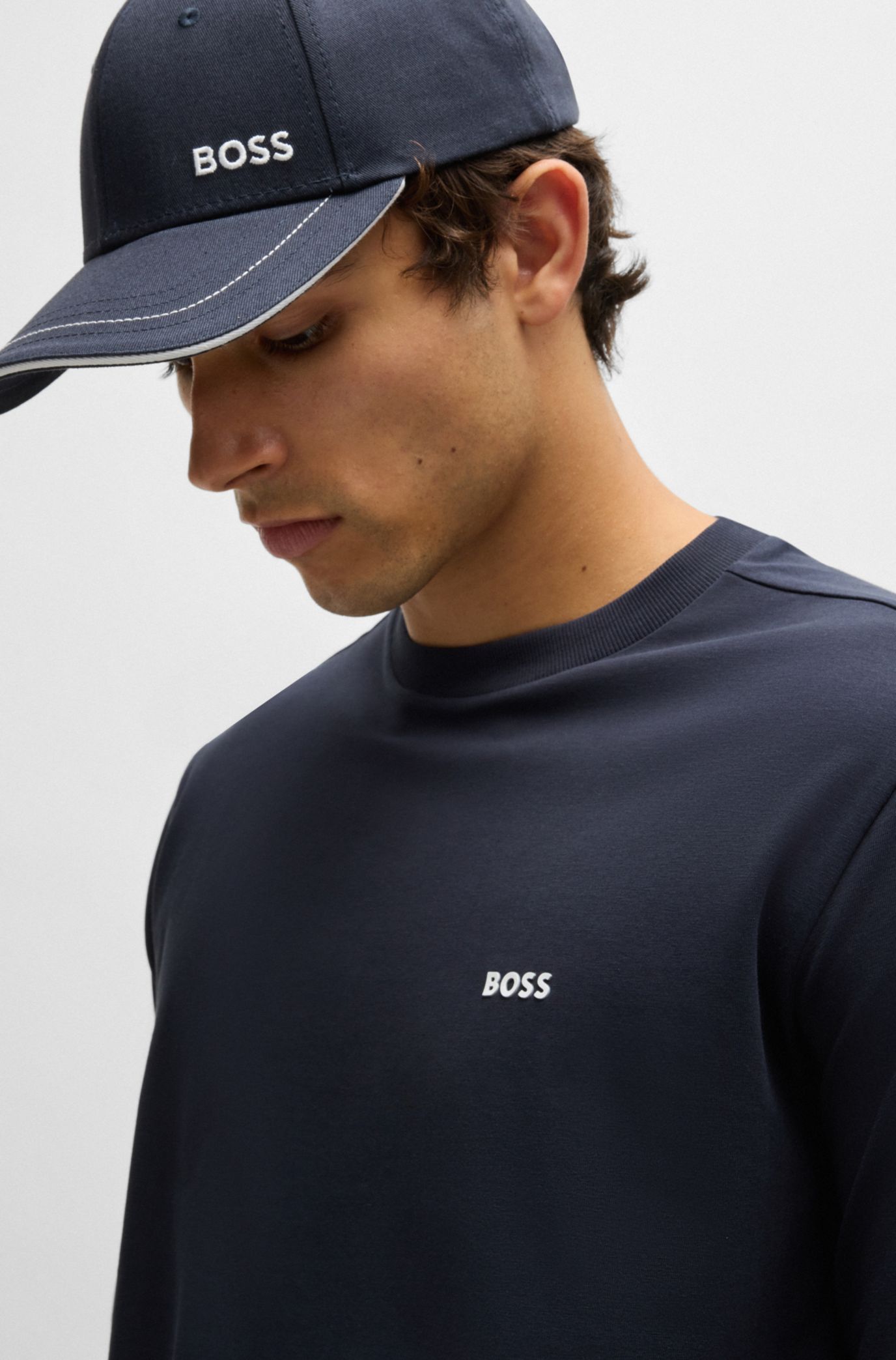 BOSS - ストレッチコットン Tシャツ コントラストロゴ - ダークブルー