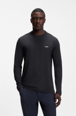 Long-sleeved T-shirt in stretch cotton with contrast logo, Dark Blue