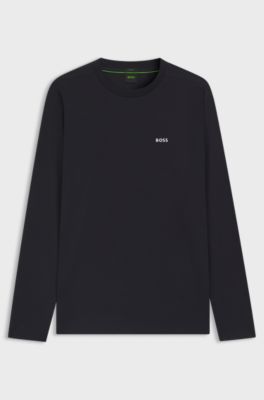 Long-sleeved T-shirt in stretch cotton with contrast logo, Dark Blue