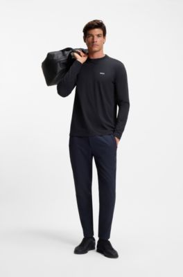 Long-sleeved T-shirt in stretch cotton with contrast logo, Dark Blue