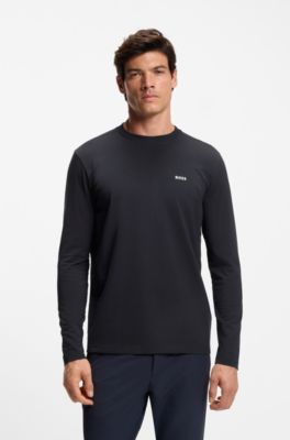Long-sleeved T-shirt in stretch cotton with contrast logo, Dark Blue