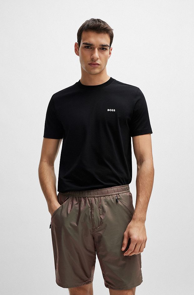 T-shirt regular fit in cotone elasticizzato con logo a contrasto, Nero
