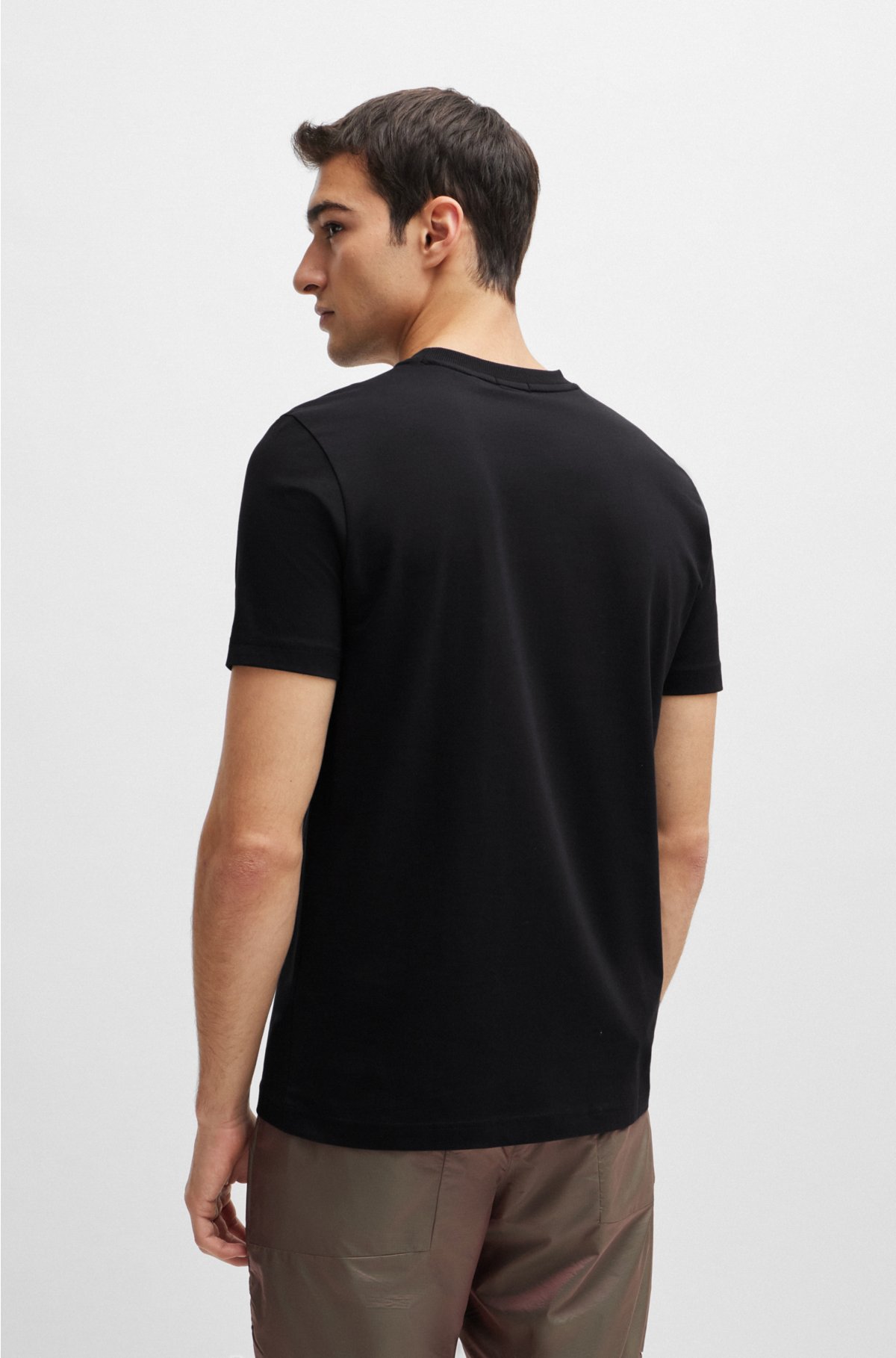 Stretch-cotton regular-fit T-shirt with contrast logo, Black