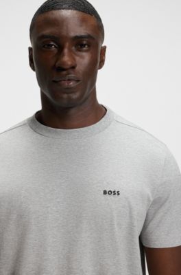 Bomulds-T-shirt med str&aelig;k og logo, Gr&aring;