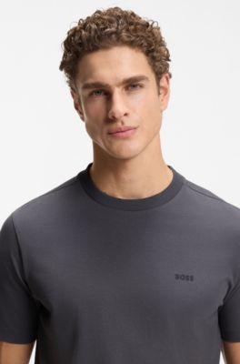 Bomulds-T-shirt med str&aelig;k og logo, M&oslash;rkegr&aring;