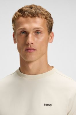 T-shirt van stretchkatoen met logodetail, Naturel