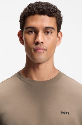 Stretch-cotton T-shirt with contrast logo, Light Brown