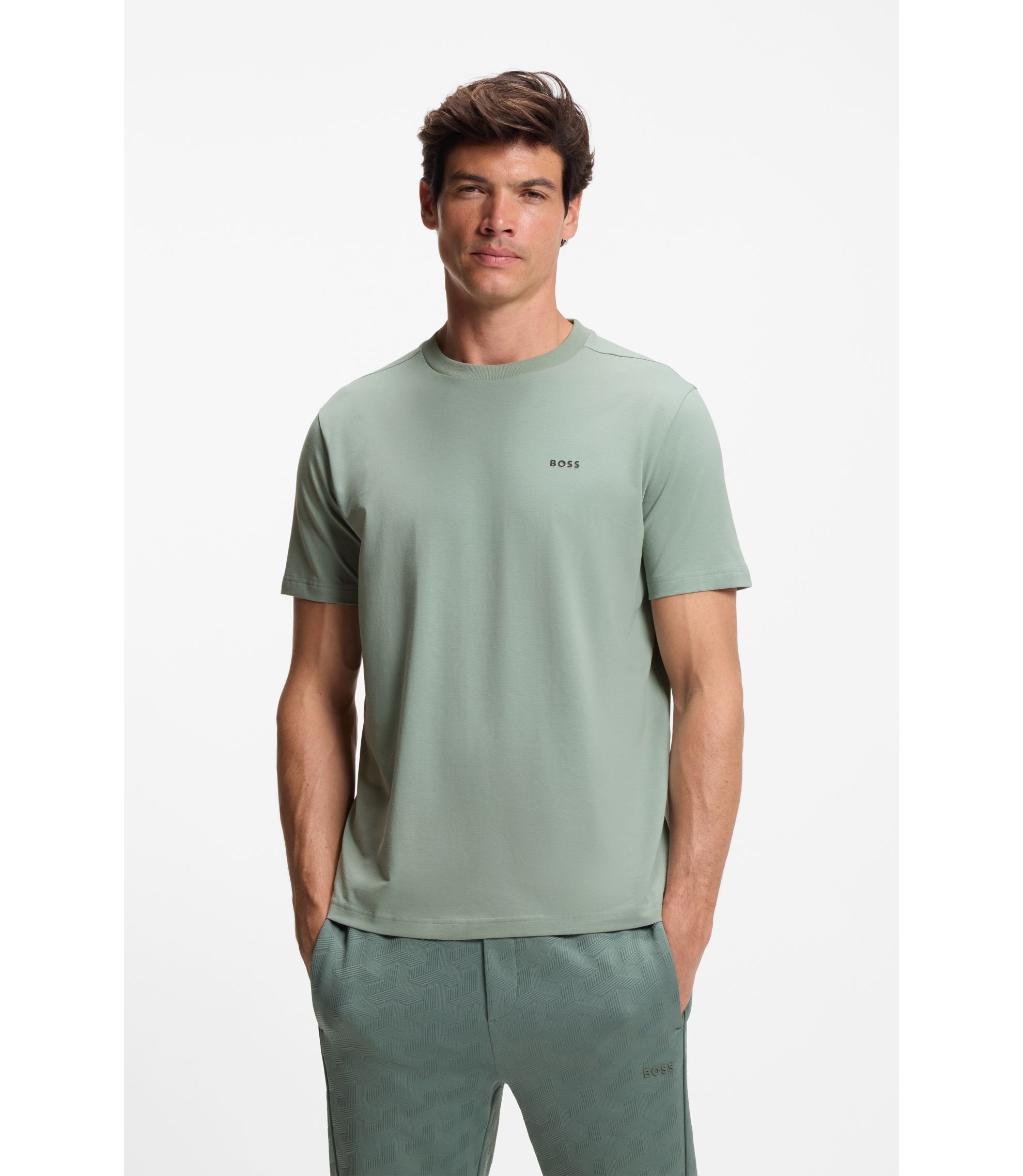 BOSS - Stretch-cotton T-shirt with contrast logo - Light Green