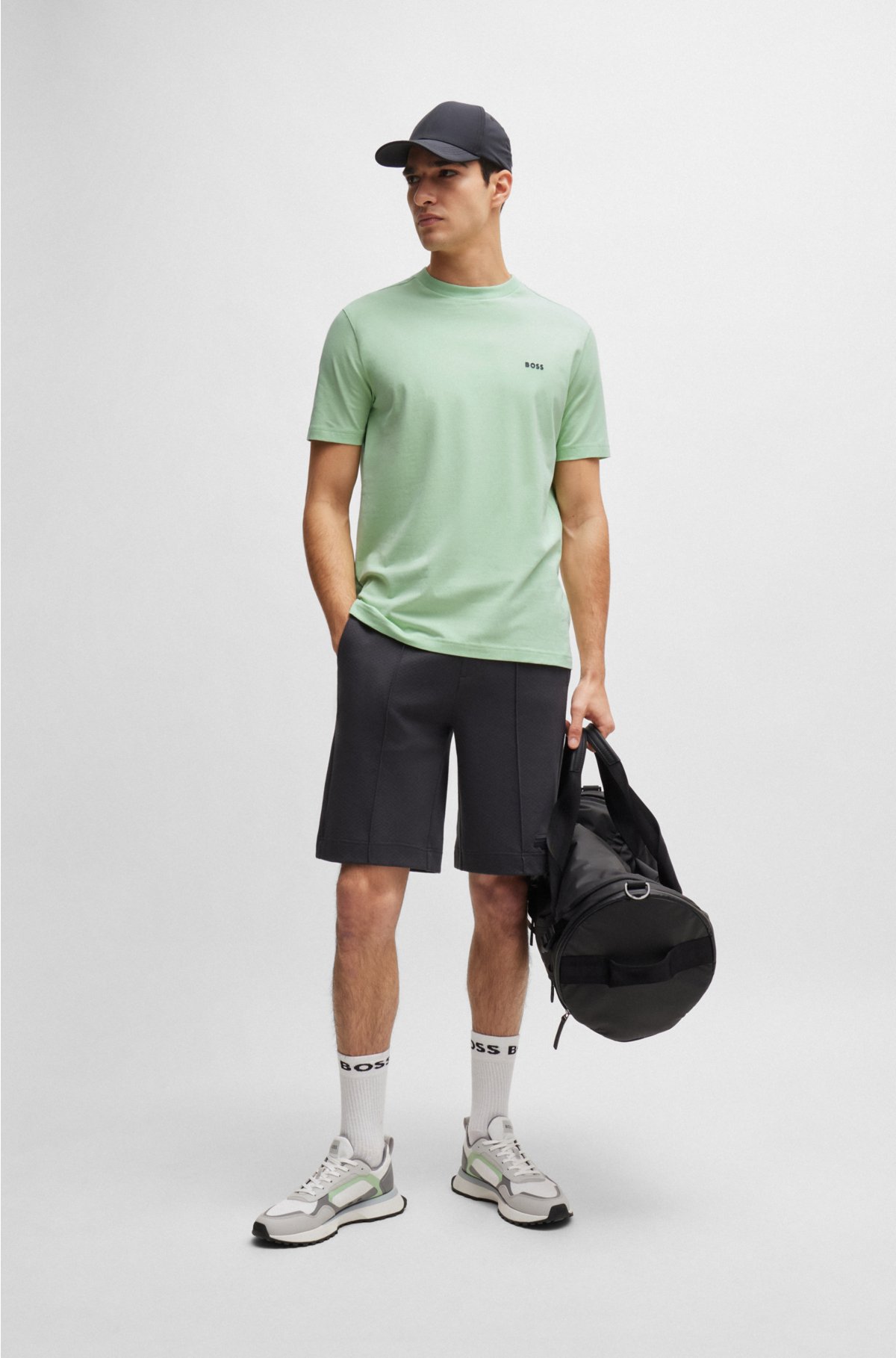 Stretch-cotton regular-fit T-shirt with contrast logo, Light Green