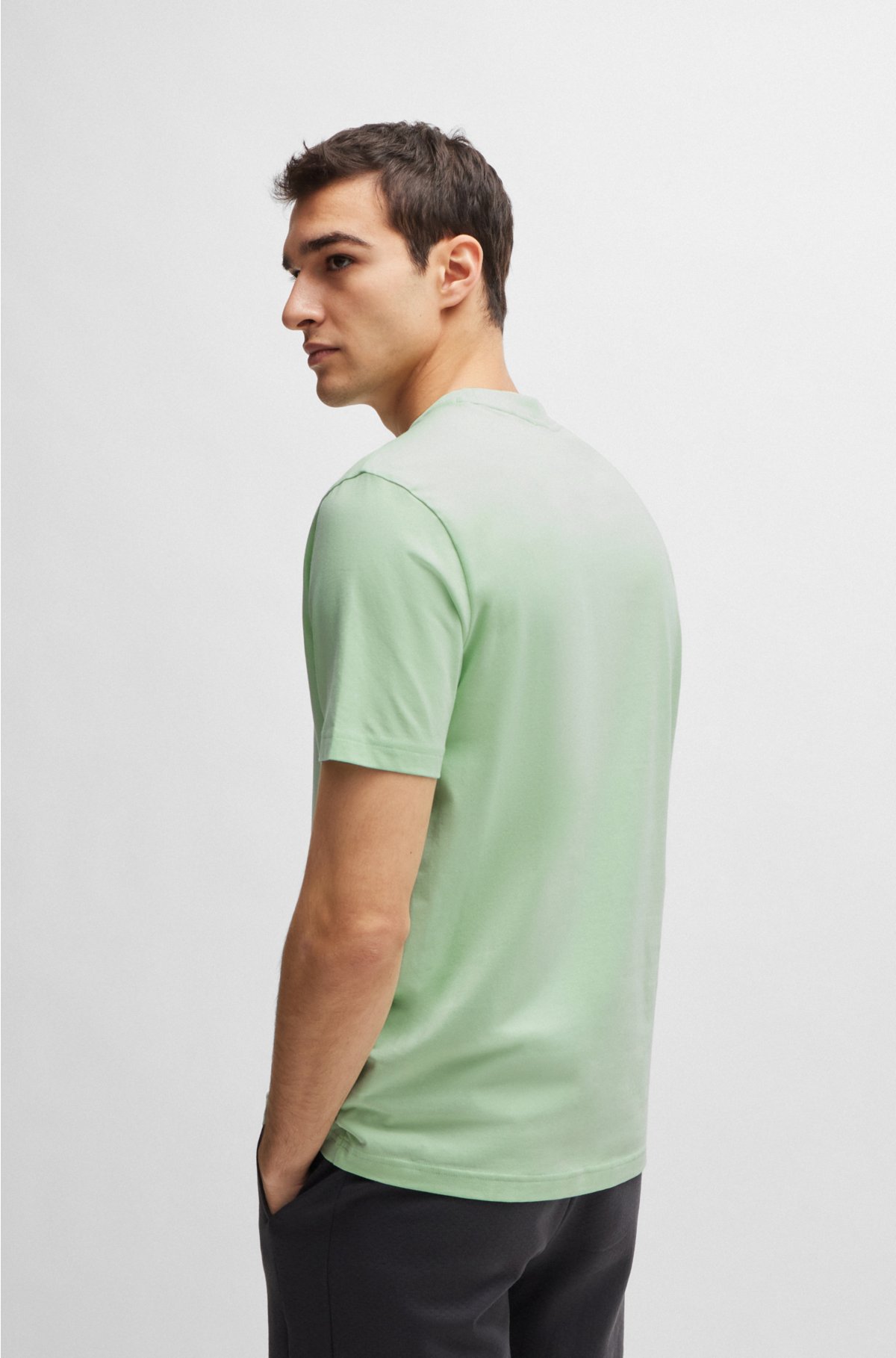 Stretch-cotton regular-fit T-shirt with contrast logo, Light Green