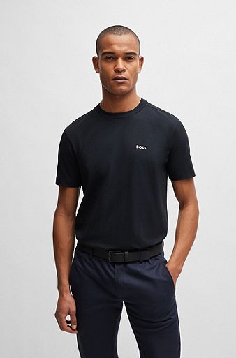 T-shirt Regular Fit en coton stretch avec logo contrastant, Bleu foncé