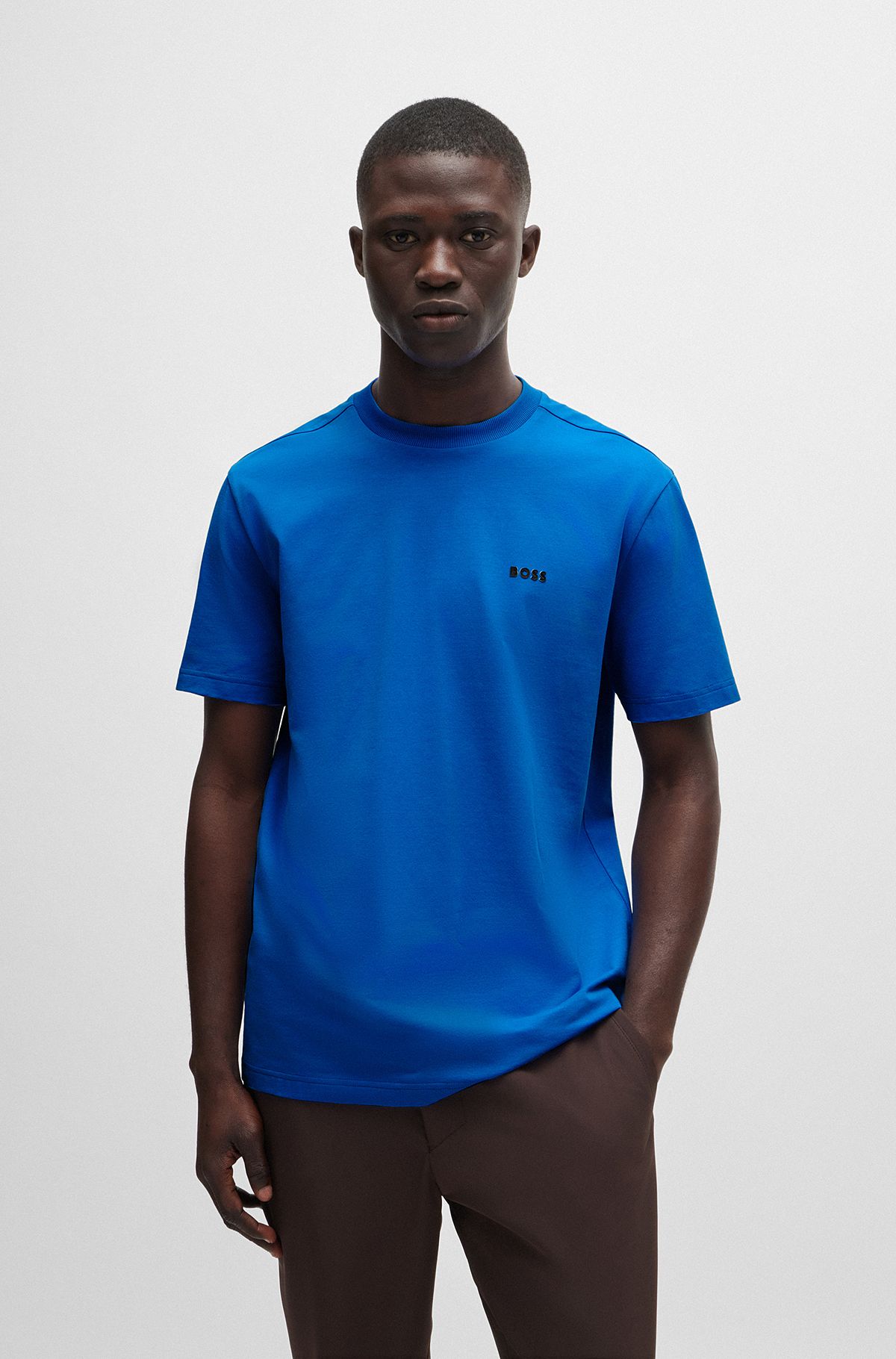 Stretch-cotton regular-fit T-shirt with contrast logo, Blue