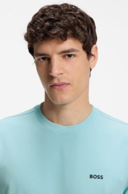 Stretch-cotton T-shirt with contrast logo, Light Blue