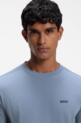 Stretch-cotton T-shirt with contrast logo, Light Blue