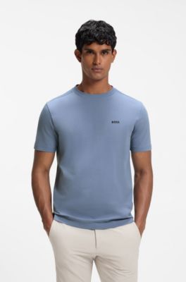 Stretch-cotton T-shirt with contrast logo, Light Blue