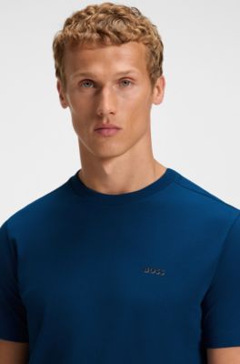 T-shirt van stretchkatoen met logodetail, Donkerblauw