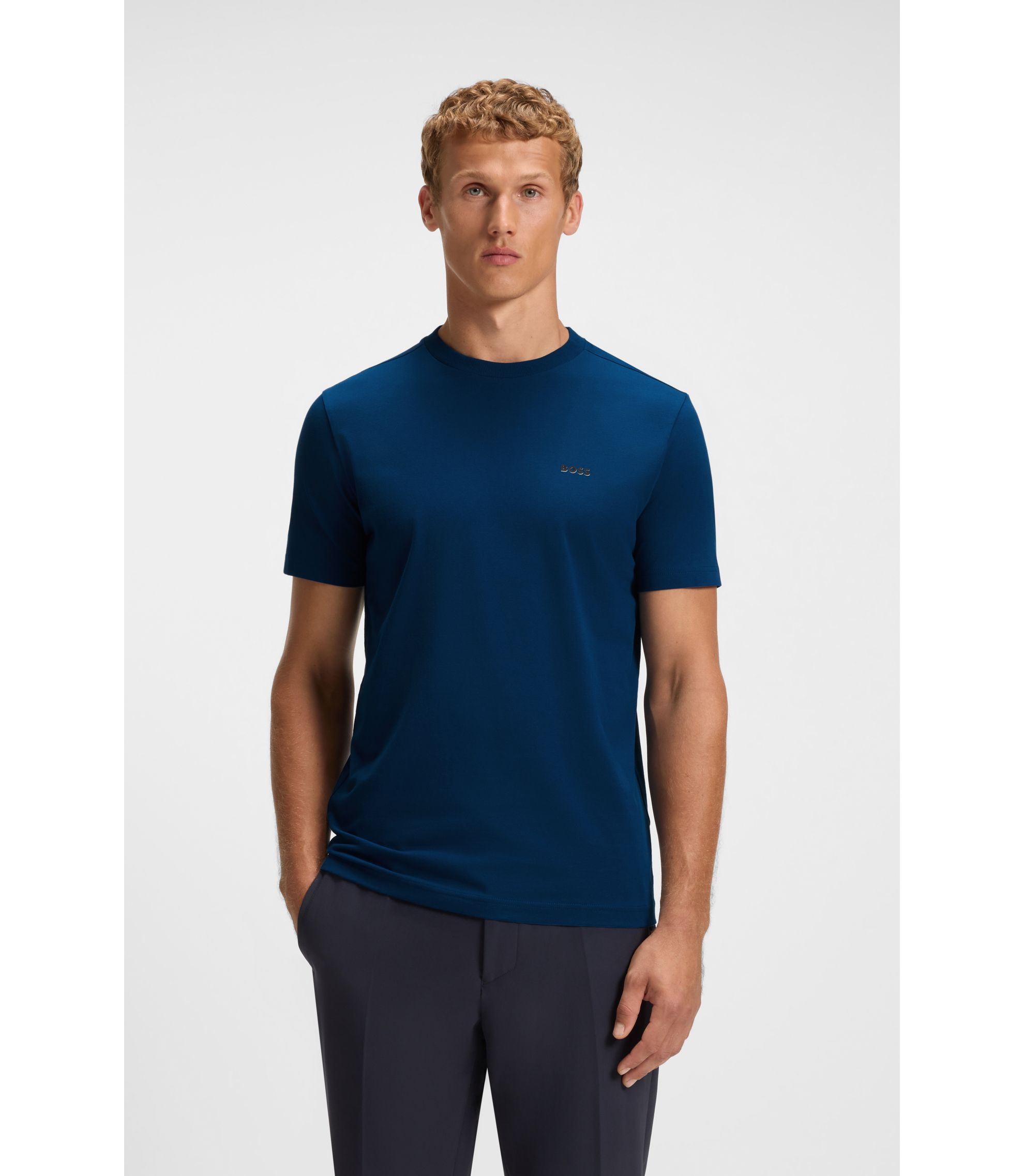 BOSS - Stretch-cotton T-shirt with contrast logo - Dark Blue