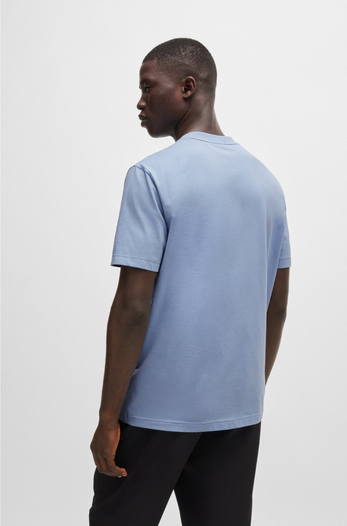Stretch-cotton regular-fit T-shirt with contrast logo, Light Blue