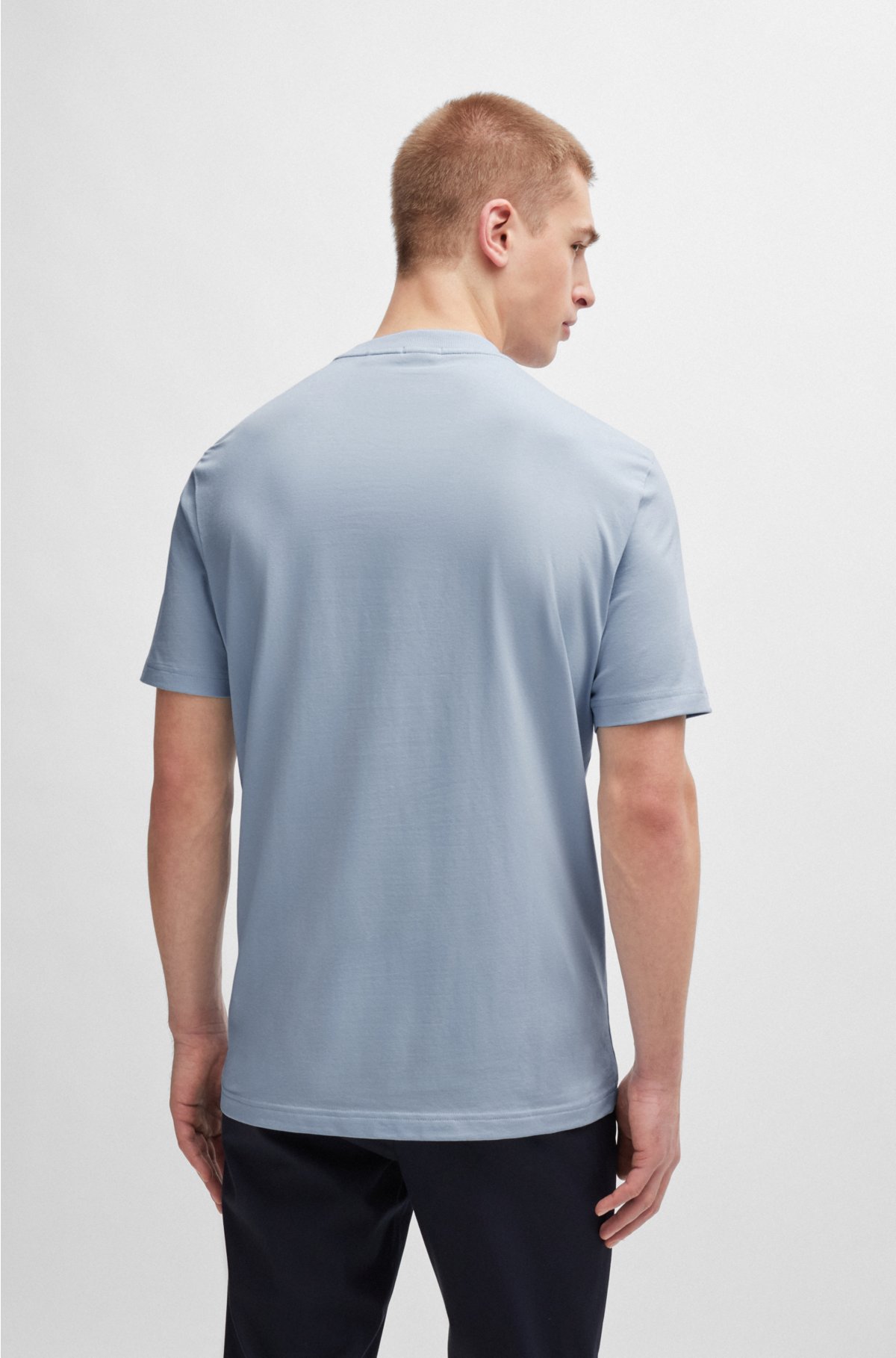 Stretch-cotton regular-fit T-shirt with contrast logo, Light Blue