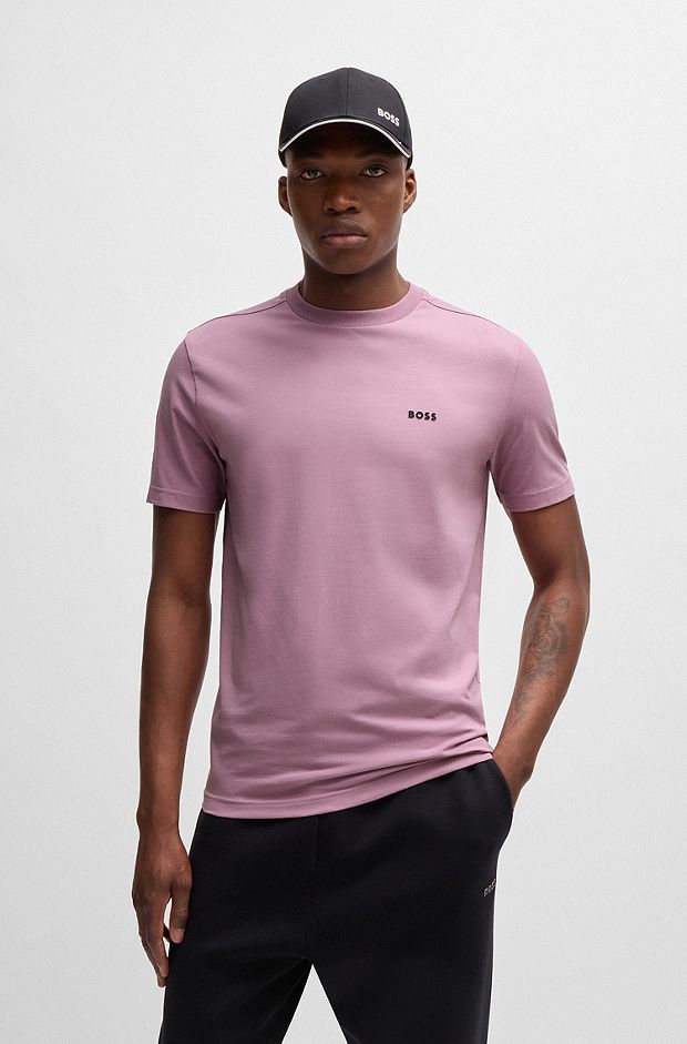 Stretch-cotton regular-fit T-shirt with contrast logo, Light Purple
