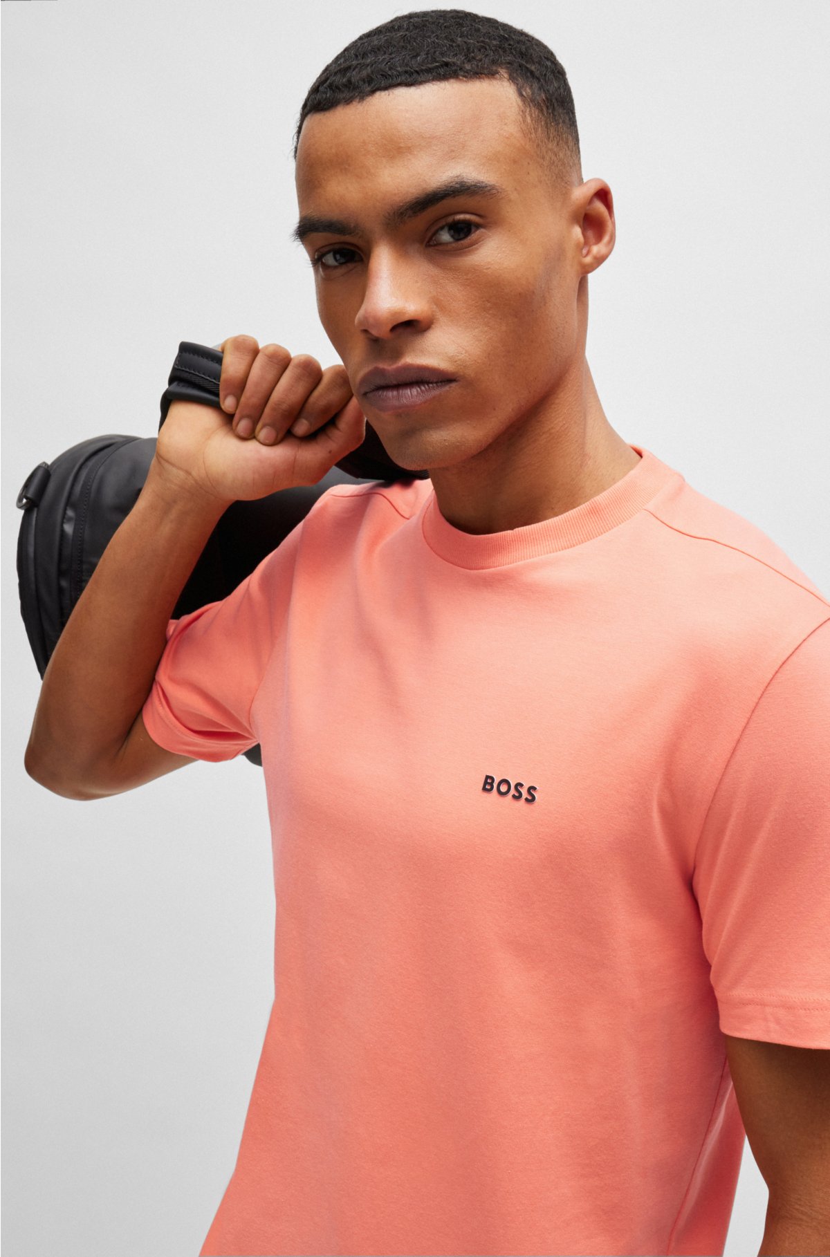 Stretch-cotton regular-fit T-shirt with contrast logo, Coral