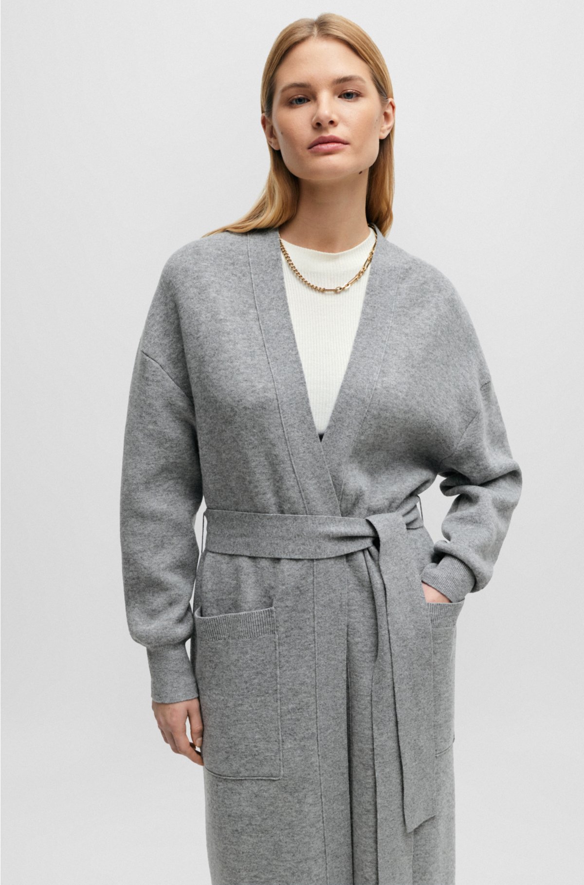 Belted cardigan in virgin wool and cashmere, Grey