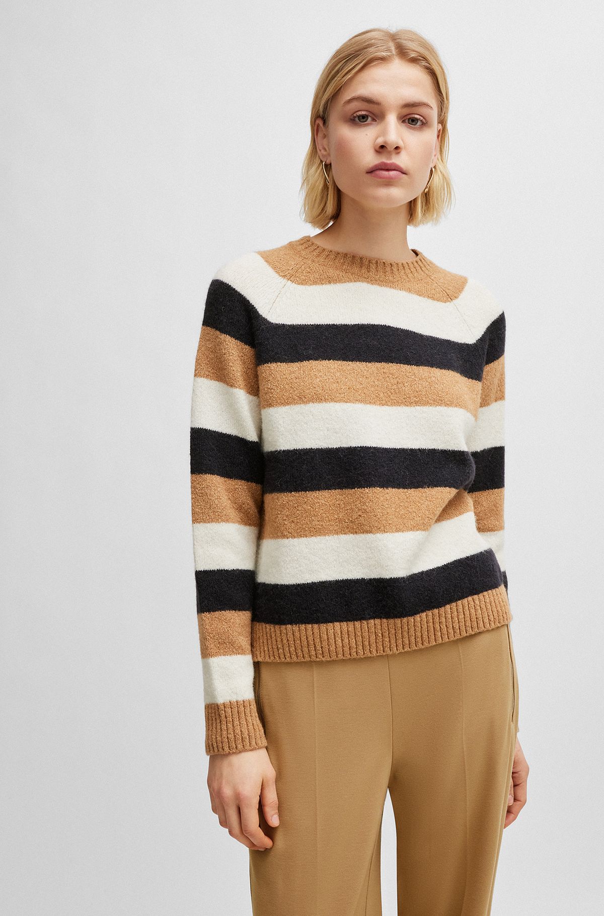 Extra-slim-fit sweater with block stripes, Beige Patterned