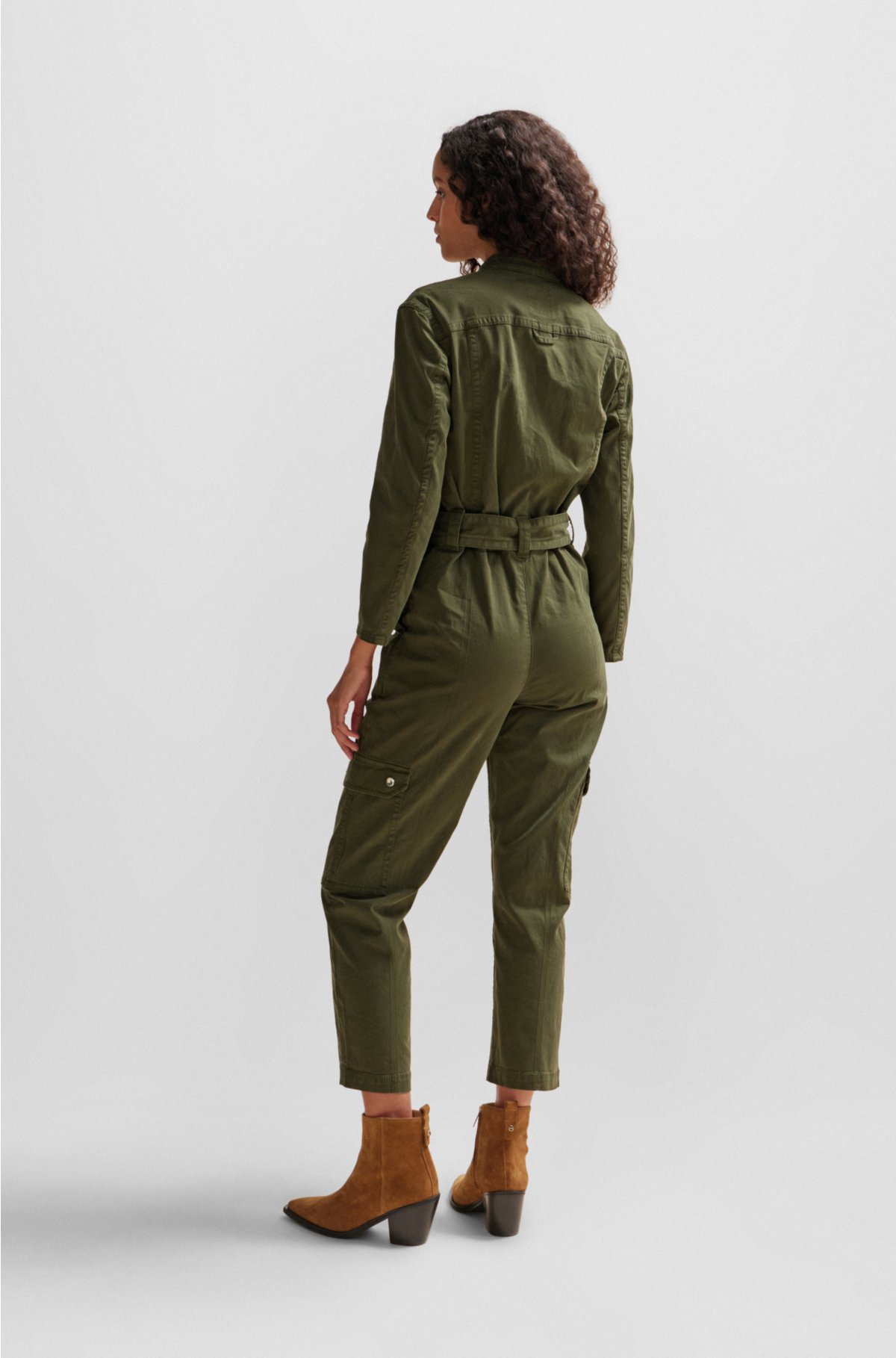 Belted jumpsuit in stretch-cotton twill and stand collar, Dark Green