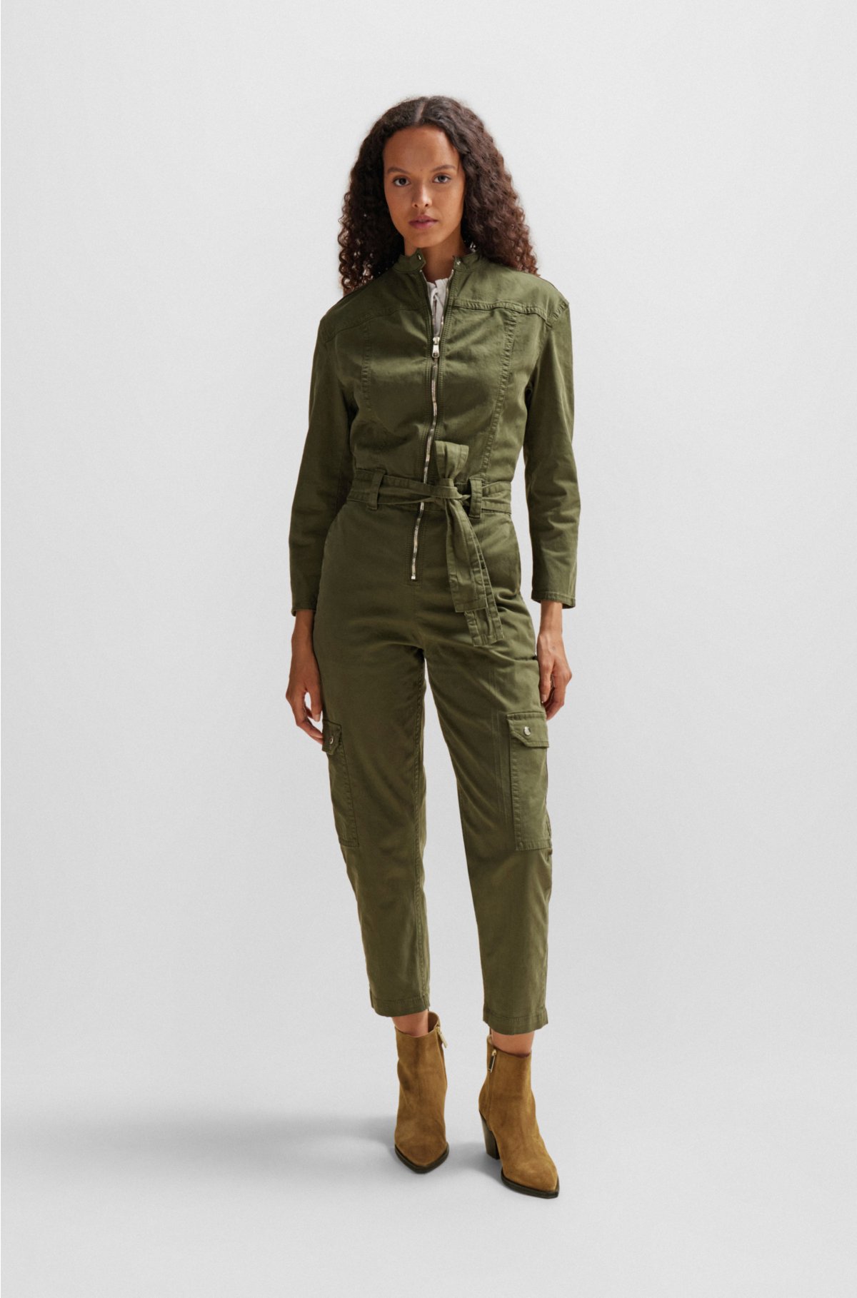 Belted jumpsuit in stretch-cotton twill and stand collar, Dark Green