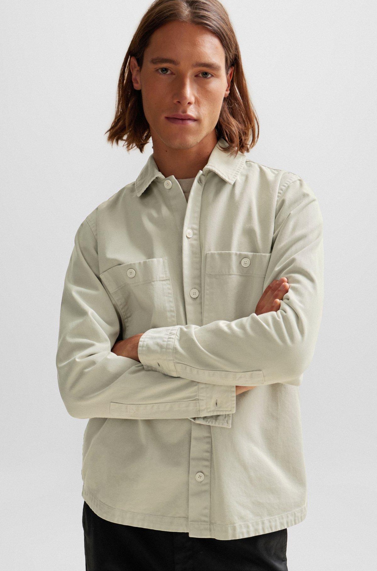 Oversized-fit overshirt in cotton twill, Light Beige