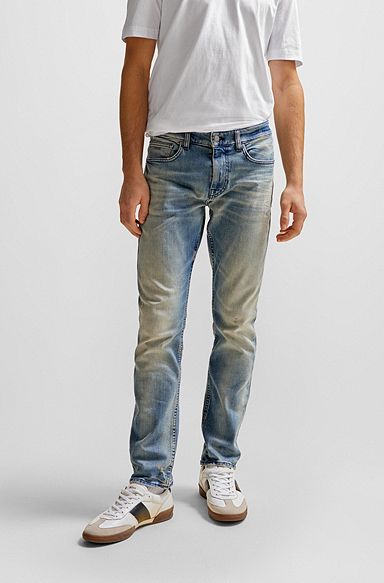 Slim-Fit Jeans aus blauem Denim mit Beigestich, Blau