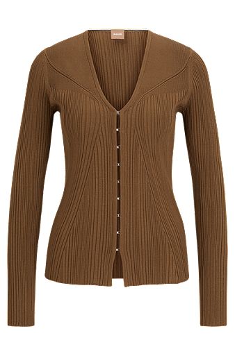 Ribbed cardigan in stretch fabric with hook closures, Light Brown