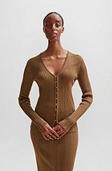 Ribbed cardigan in stretch fabric with hook closures, Light Brown