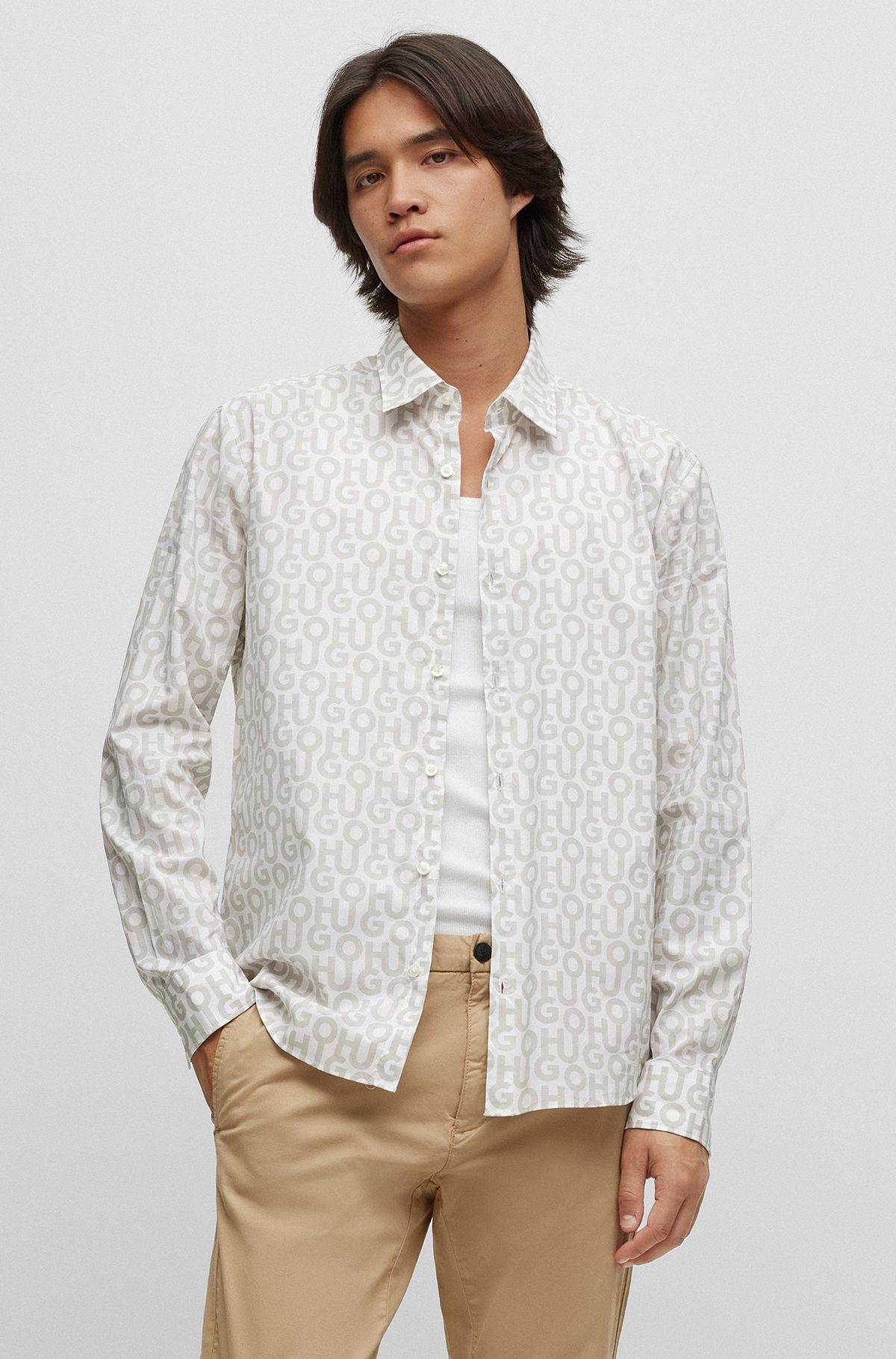 Slim-fit shirt in printed cotton poplin, White
