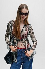 Regular-fit blouse in printed chiffon with tie front, Black Patterned