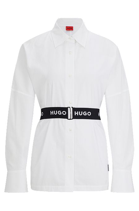 Regular-fit blouse with branded elastic belt, White