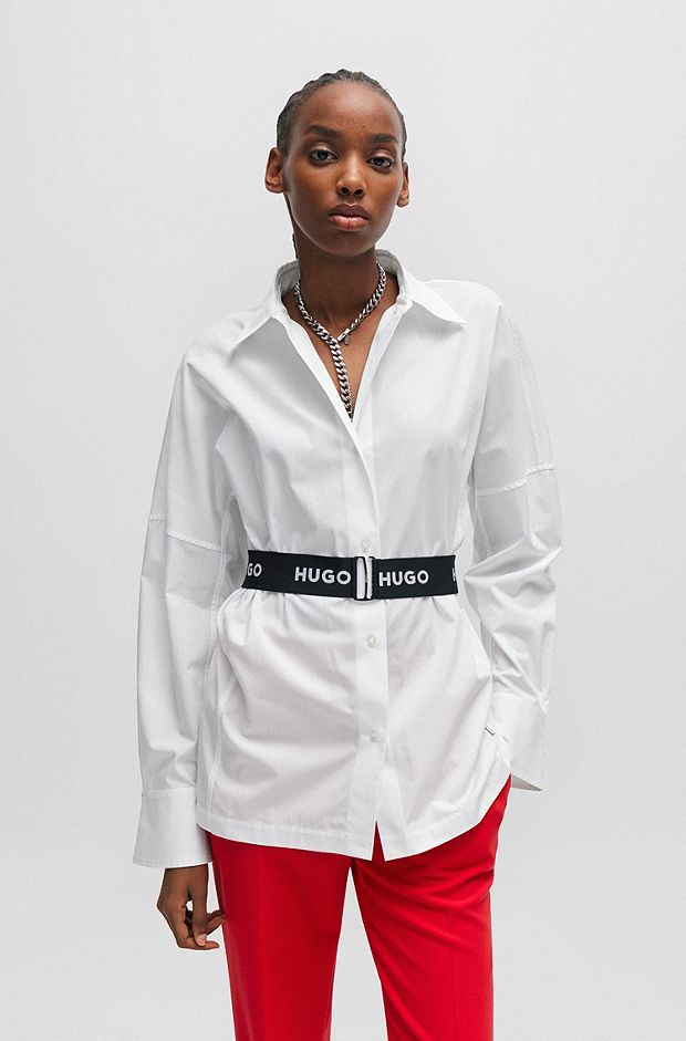 Regular-fit blouse with branded elastic belt, White