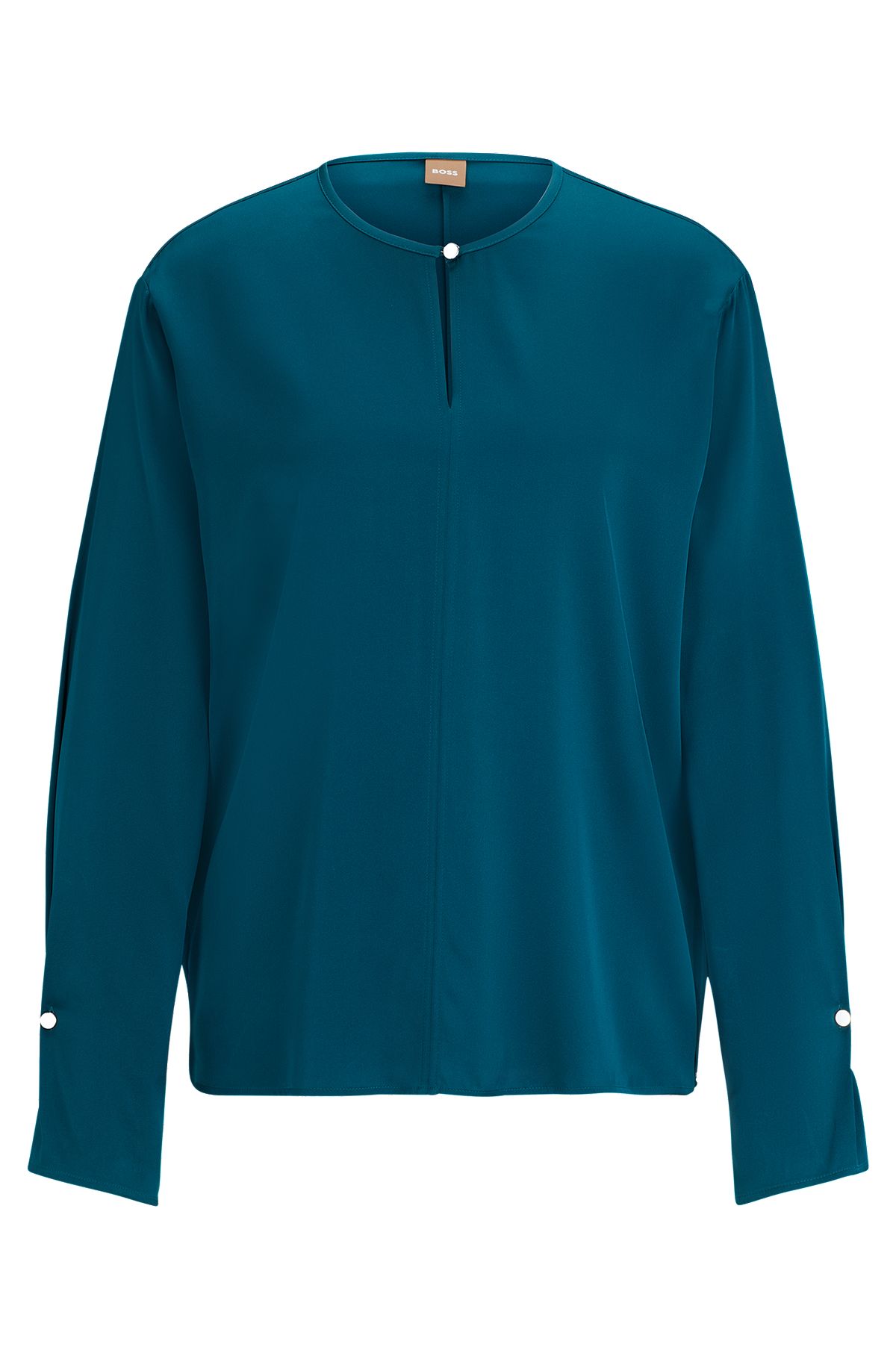 Relaxed-fit blouse in stretch silk with keyhole closure, Blue