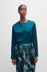 Relaxed-fit blouse in stretch silk with keyhole closure, Petrol
