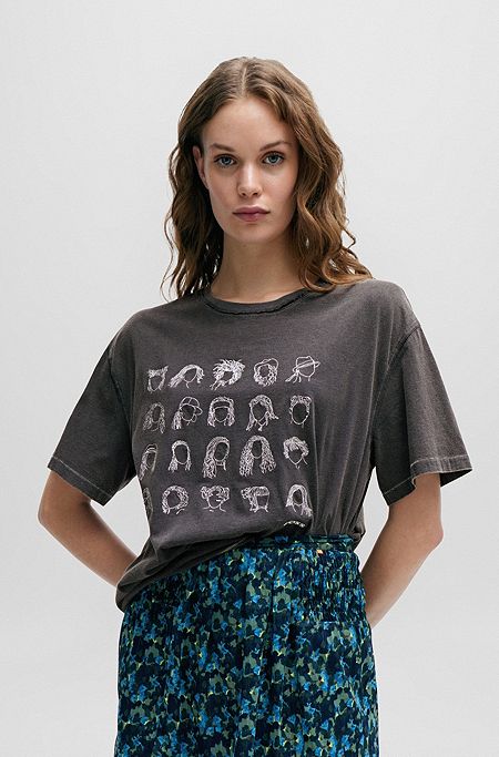 Relaxed-Fit T-Shirt aus Baumwoll-Jersey mit gesticktem Artwork, Schwarz