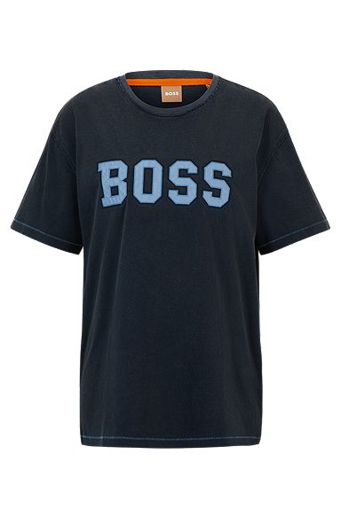 T-shirt relaxed fit in jersey di cotone con grafica ricamata, Blu scuro
