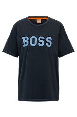 T-shirt relaxed fit in jersey di cotone con grafica ricamata, Blu scuro