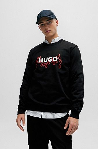 Cotton-terry regular-fit sweatshirt with flame logo, Black