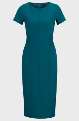 Slit-front business dress with gathered details, Petrol